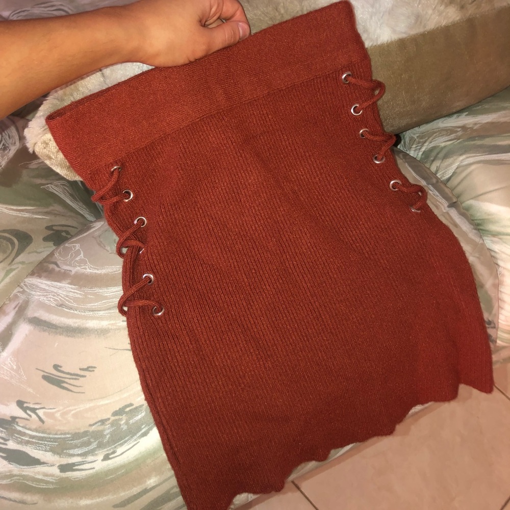 Rust ribbed mini skirt with lace up sides XS